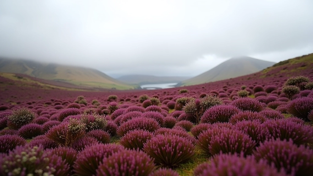 Mountain bogland landscape with low vegetation and distant horizon under partly cloudy sky