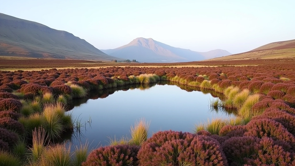 Small mountain pool surrounded by bog vegetation and grasses with quiet reflective water