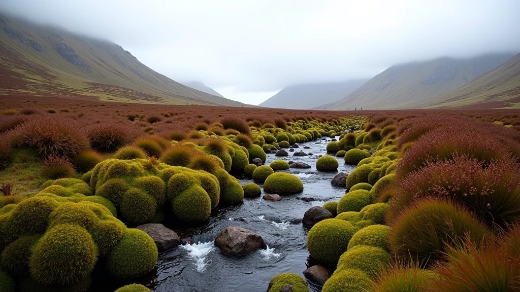 Bogland terrain with barely visible water seepage among moss and vegetation at higher elevation