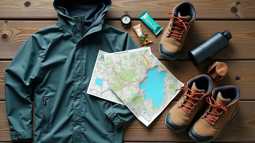 Backpack and hiking gear laid out including map, water bottle, and waterproof jacket on natural background