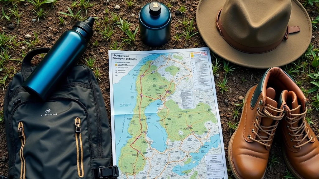 Outdoor hiking gear laid out including boots, map, water bottle and layers on outdoor surface