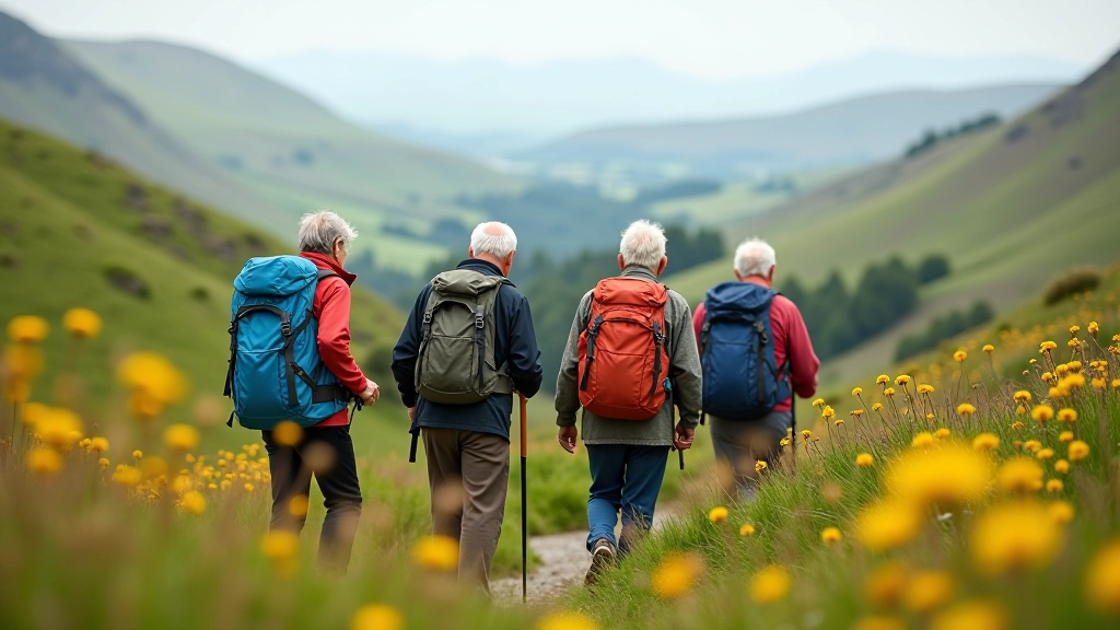 Group of older adults walking together on a mountain path