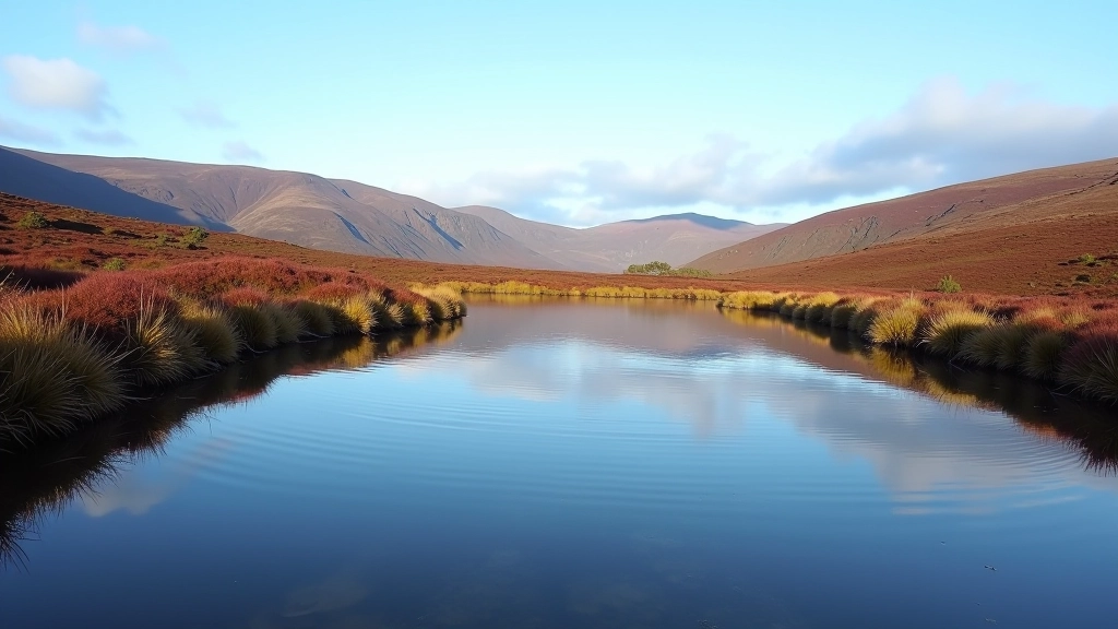 Mountain bog pool with clear reflection and distant moorland under blue sky with white clouds