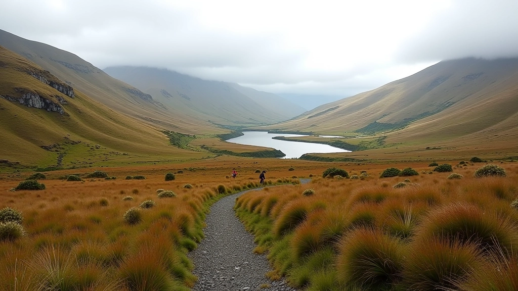 Peaceful bogland landscape with mountain vista and clear walking path