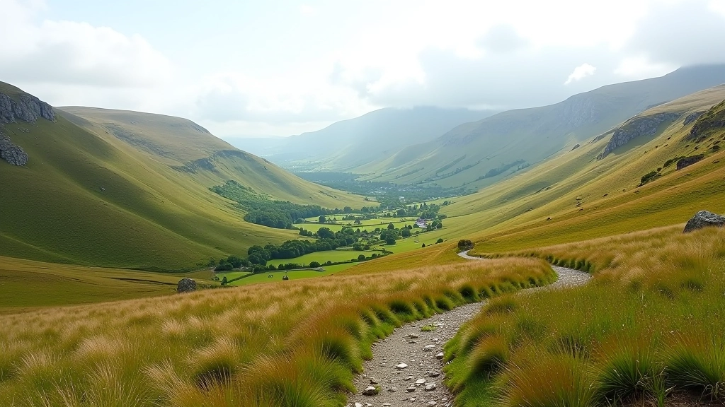 Mountain col pass with two valleys visible, hiking trail winding through landscape
