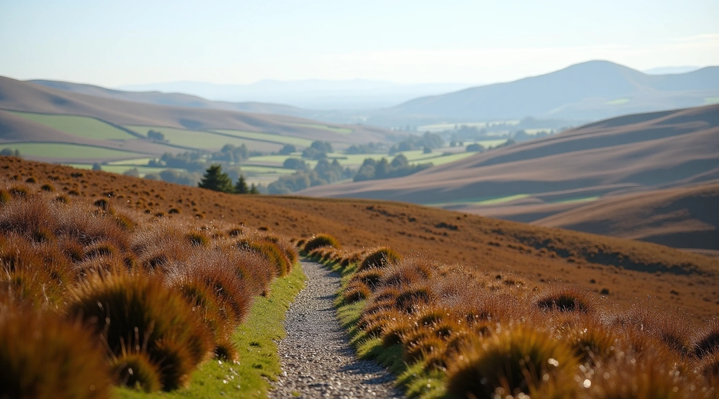 Mountain ridge path with rolling bog landscape and distant hills under clear sky