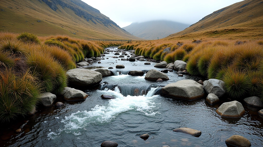 Clear mountain stream flowing through rocky terrain with surrounding vegetation and hillside
