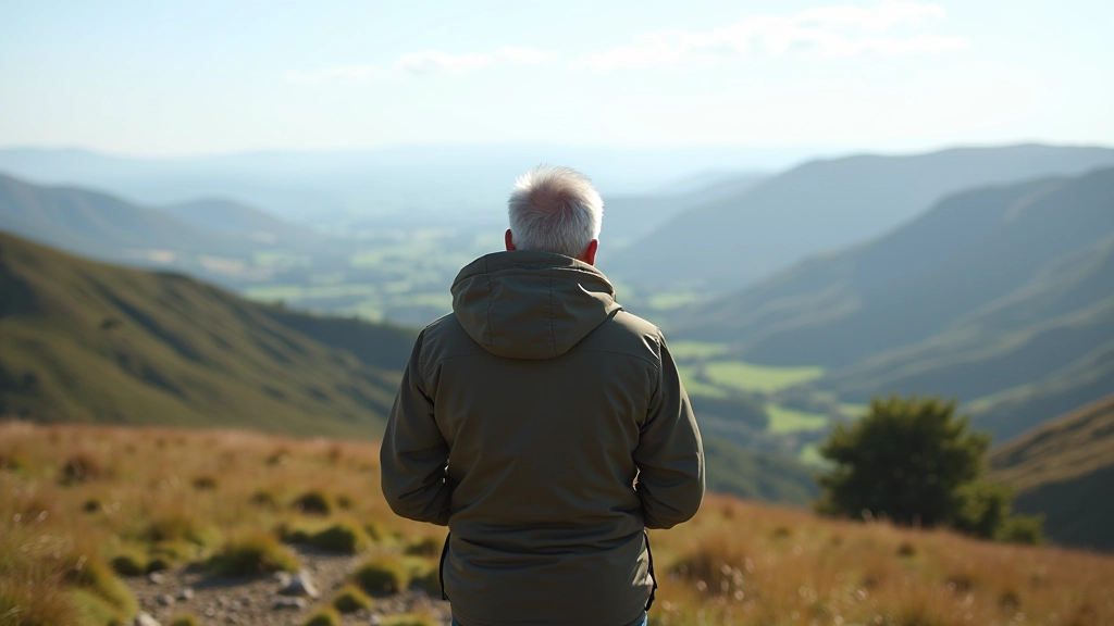 Hiker standing on mountain summit with panoramic valley landscape stretching to horizon
