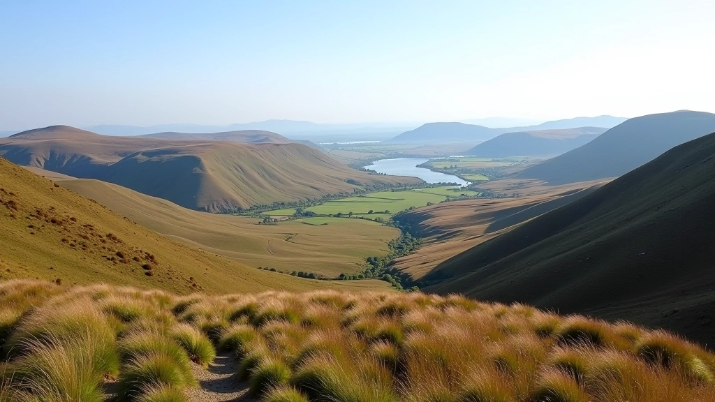 Expansive valley landscape from mountain col viewpoint with distant ridges and bogland terrain