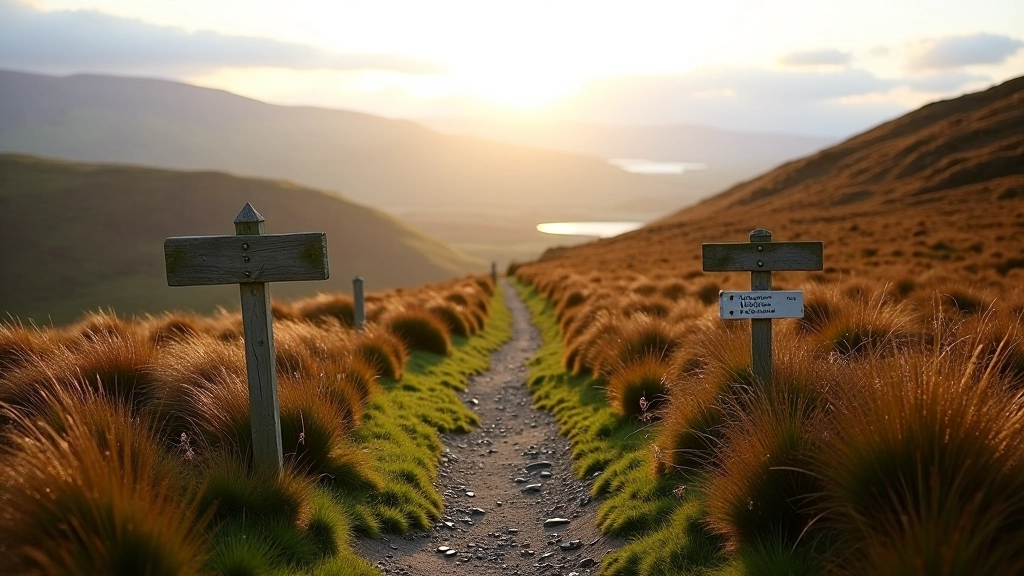Mountain trail markers and signage on established walking path through bogland moorland