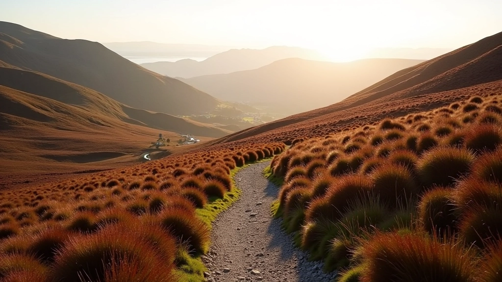 Rocky mountain path ascending between heather moorland with clear walking trail visible