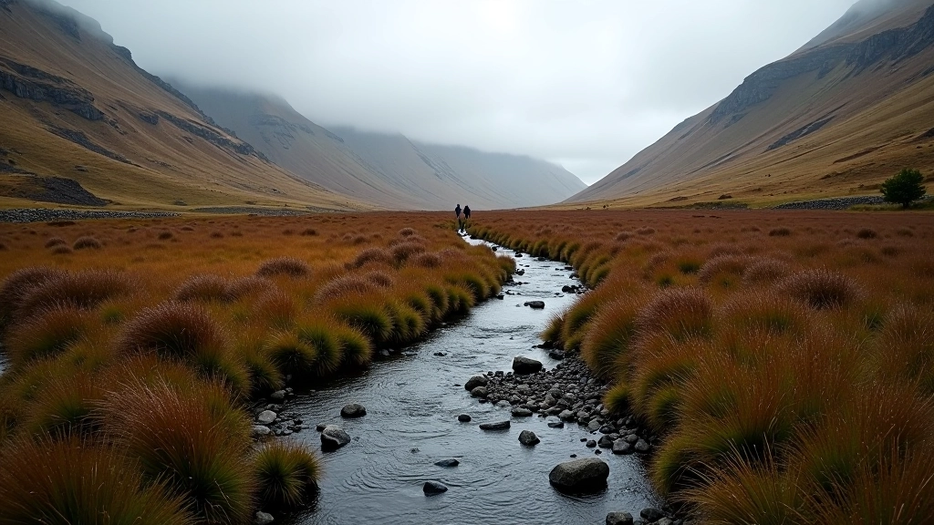 Narrow stream winding through bogland with gradually steeper terrain visible ahead