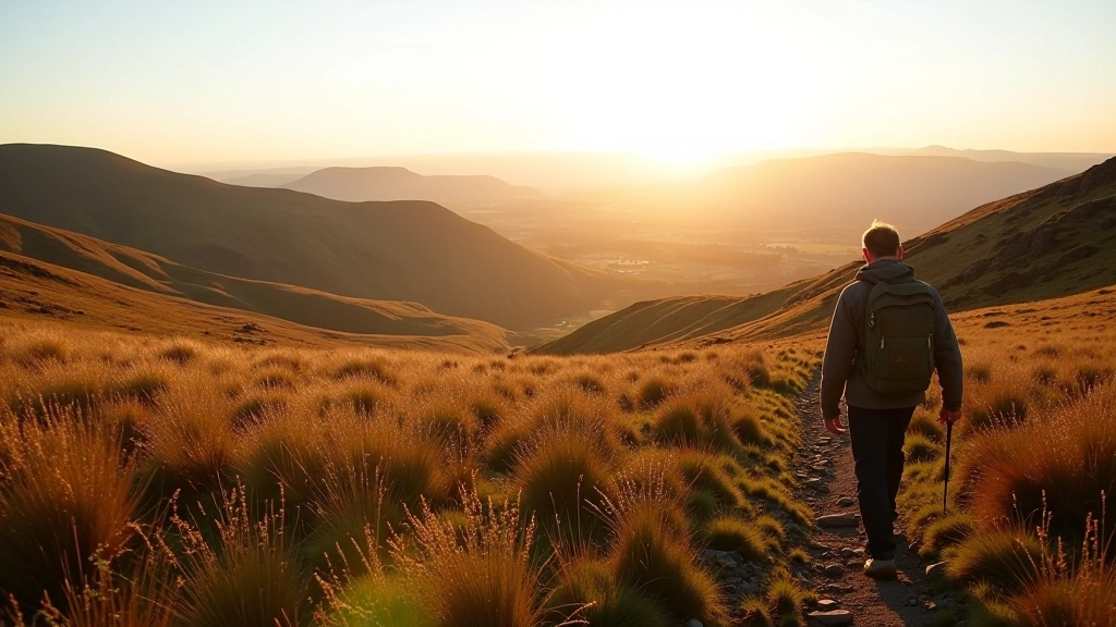 Hiking trail descending through bogland with clear path marking and mountain landscape background