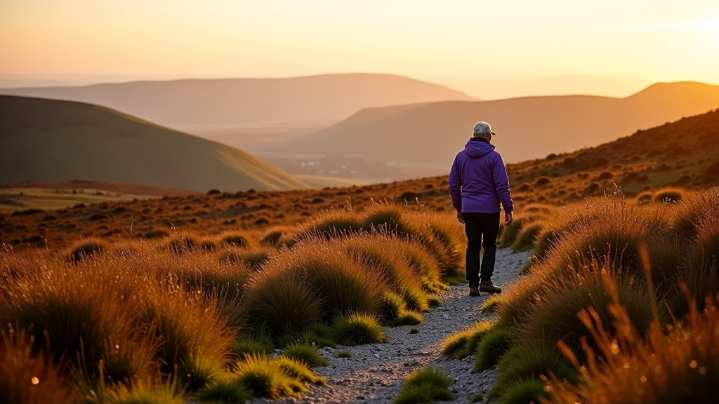 Bogland landscape with ridge pathway and distant mountain views under afternoon light