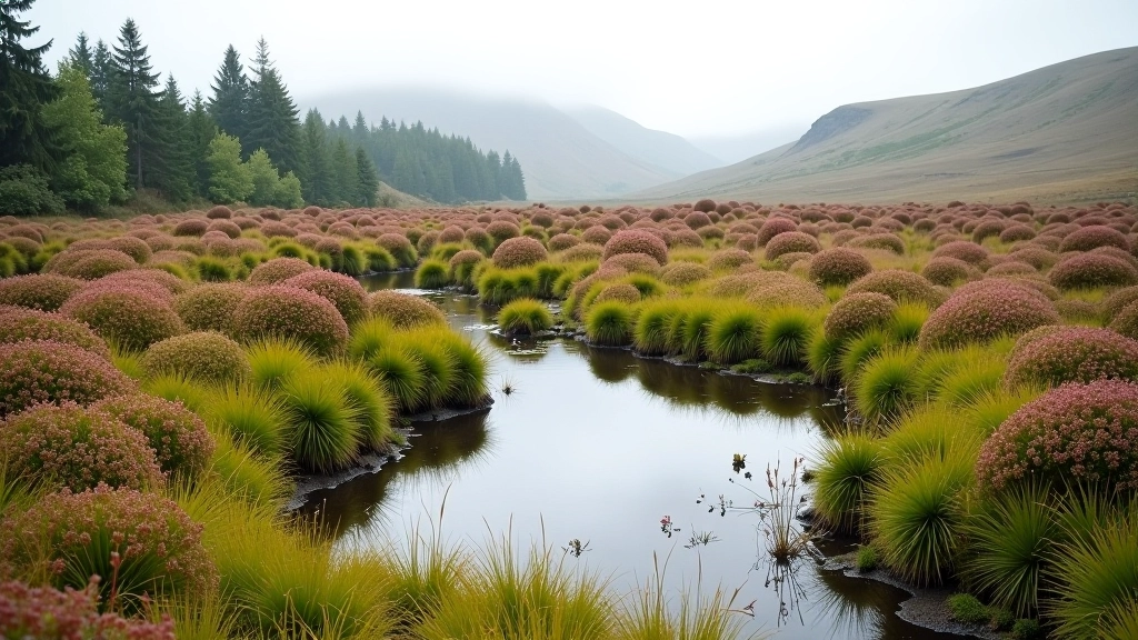Tranquil bogland pool surrounded by native vegetation and woodland
