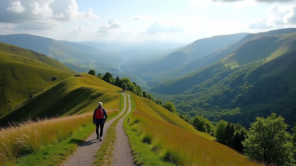 Mountain ridge with distant valleys and hiking path