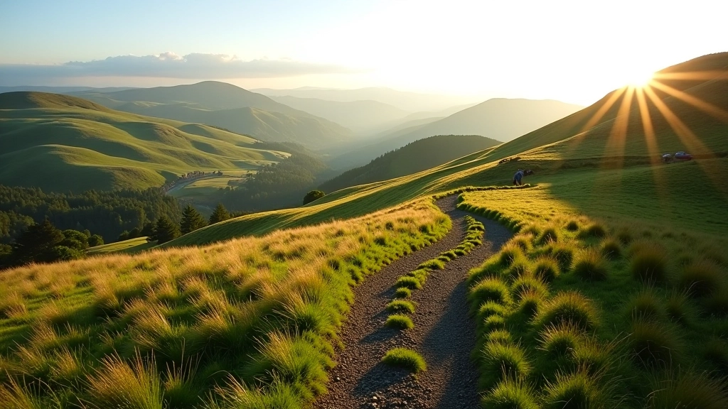 Mountain ridge path with rolling green hills