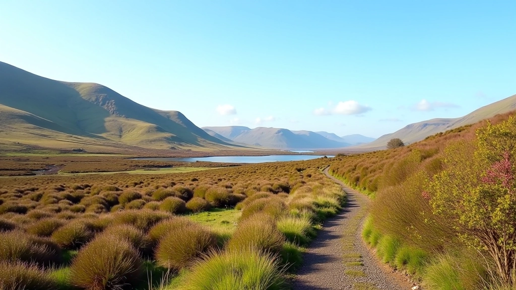 Seasonal mountain landscape showing bogland in spring with emerging green growth and clear skies