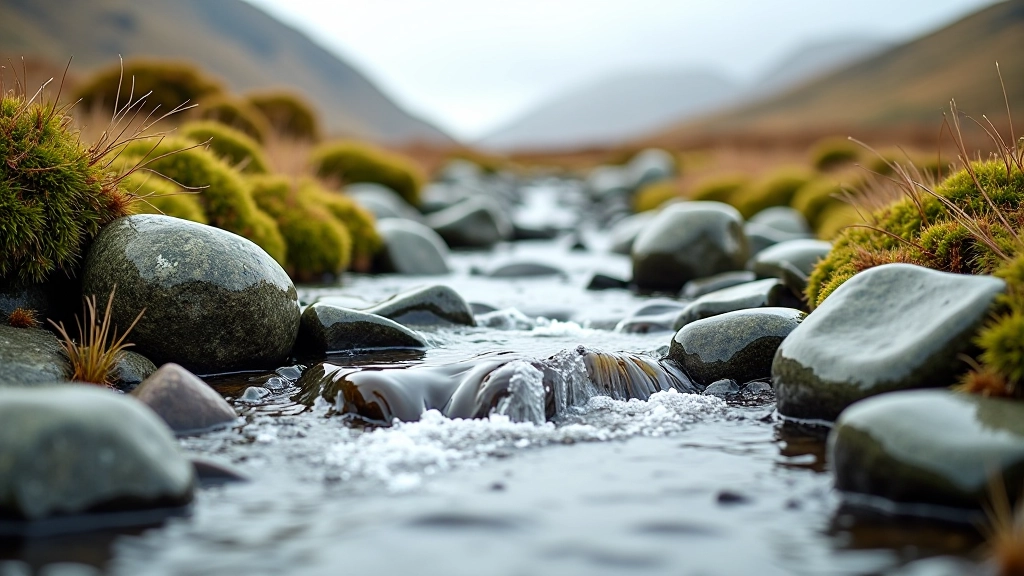 Mountain stream in early stages flowing over smooth stones with bogland vegetation on both banks